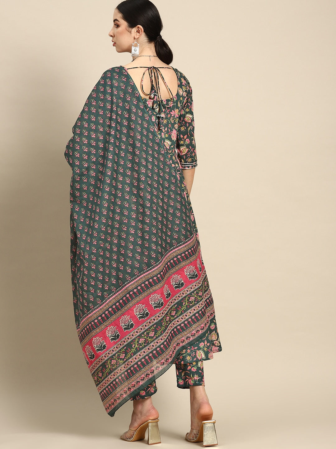 Green & Pink Floral Anarkali Kurta With Trouser And Dupatta
