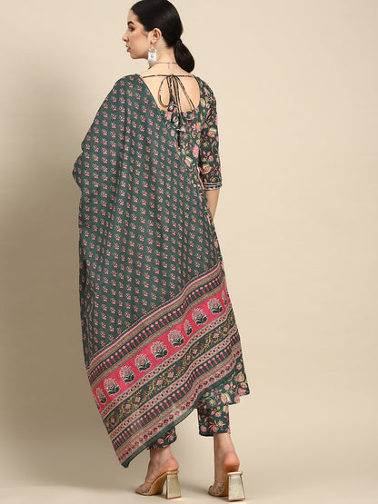 Green & Pink Floral Anarkali Kurta With Trouser And Dupatta