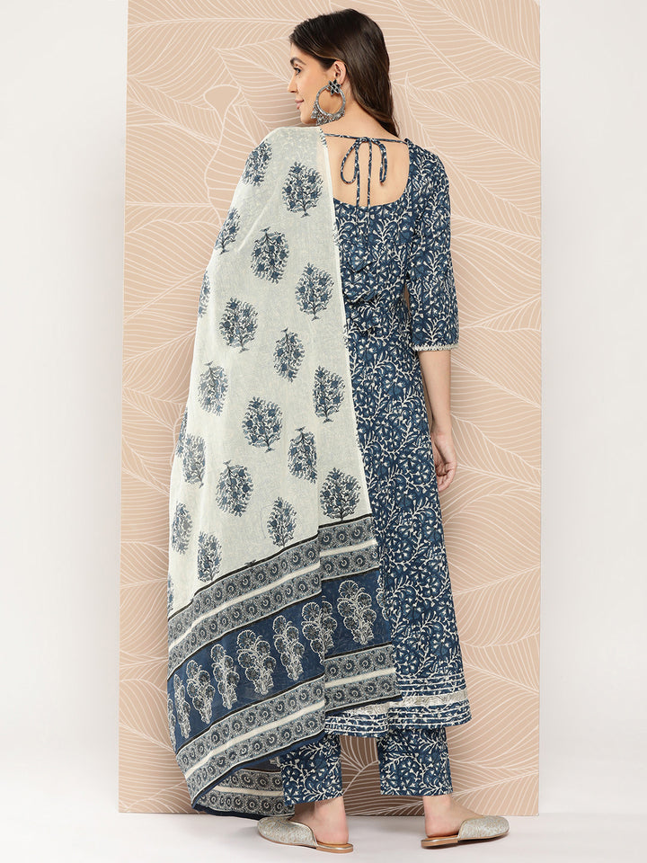 Blue Printed Flared Kurta And Trouser With Dupatta