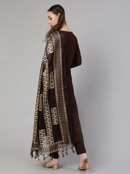 Dark Brown Straight Kurta With Palazzo And Art Silk Dupatta