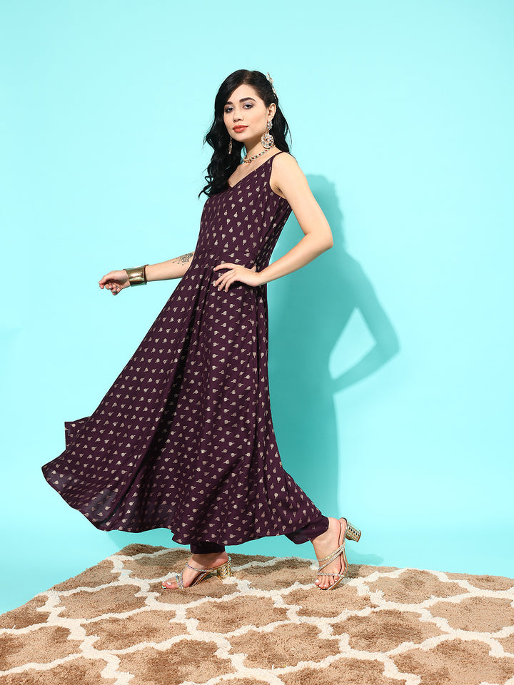 Burgundy Ethnic Printed Sleeveless Kurta With Trouser And Dupatta