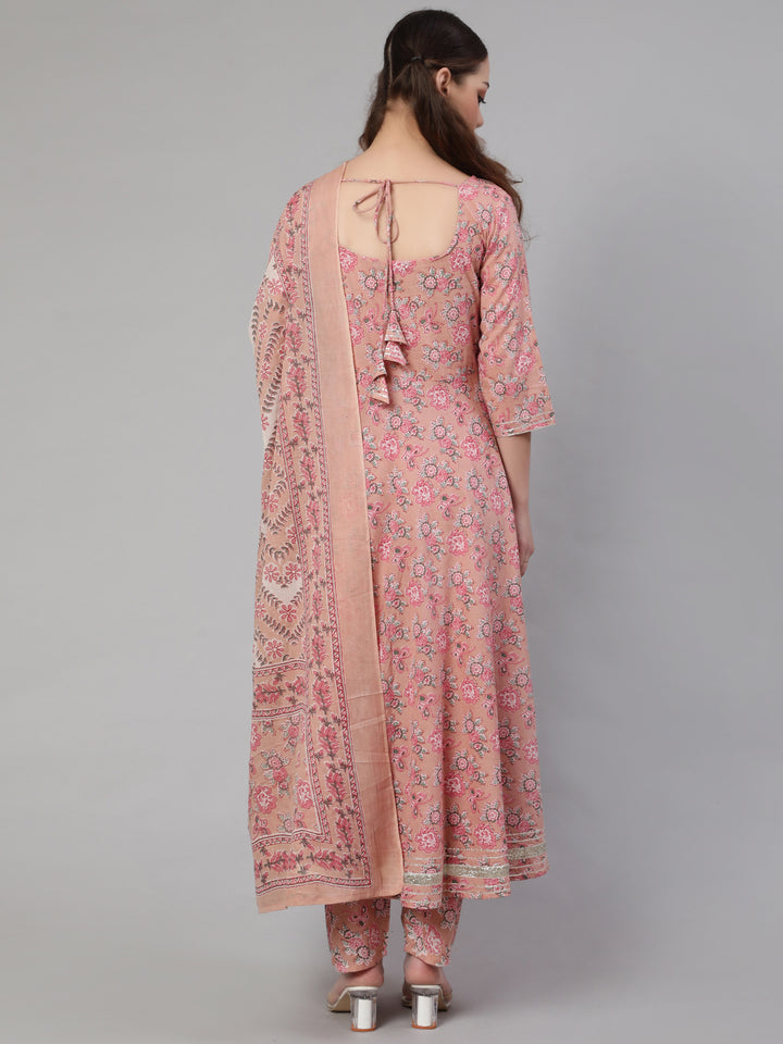 Mauve Floral Printed Anarkali Kurta With Trouser And Dupatta