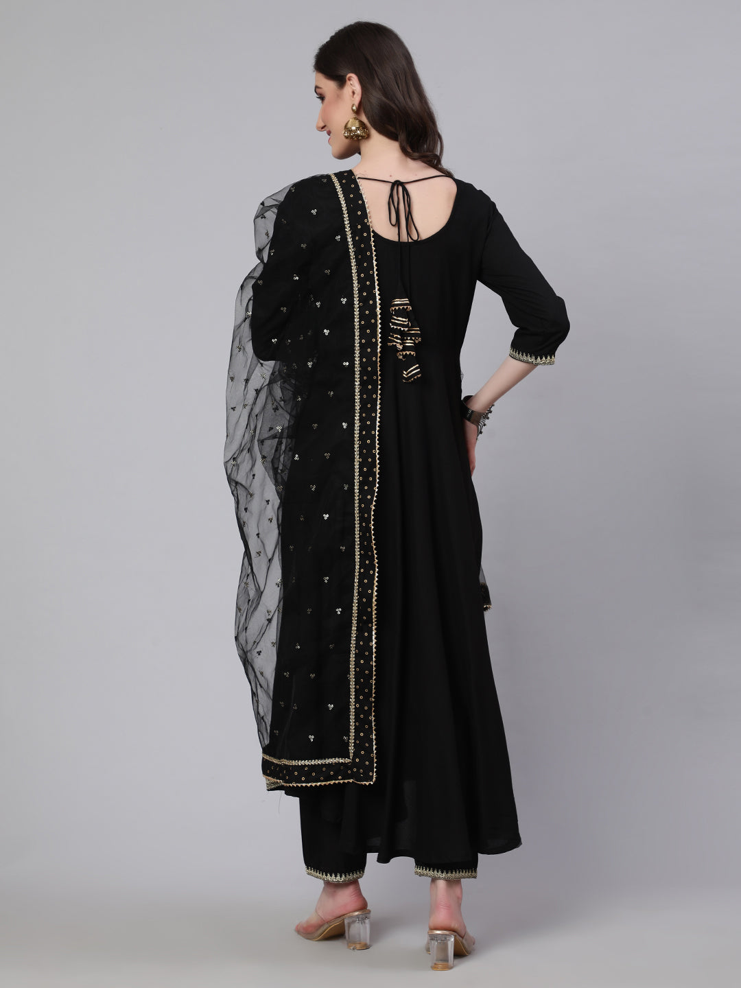 Black Embroidered Flared Kurta With Trouser And Net Dupatta