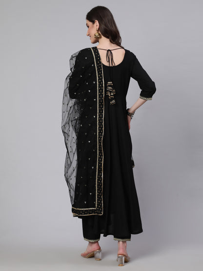Black Embroidered Flared Kurta With Trouser And Net Dupatta