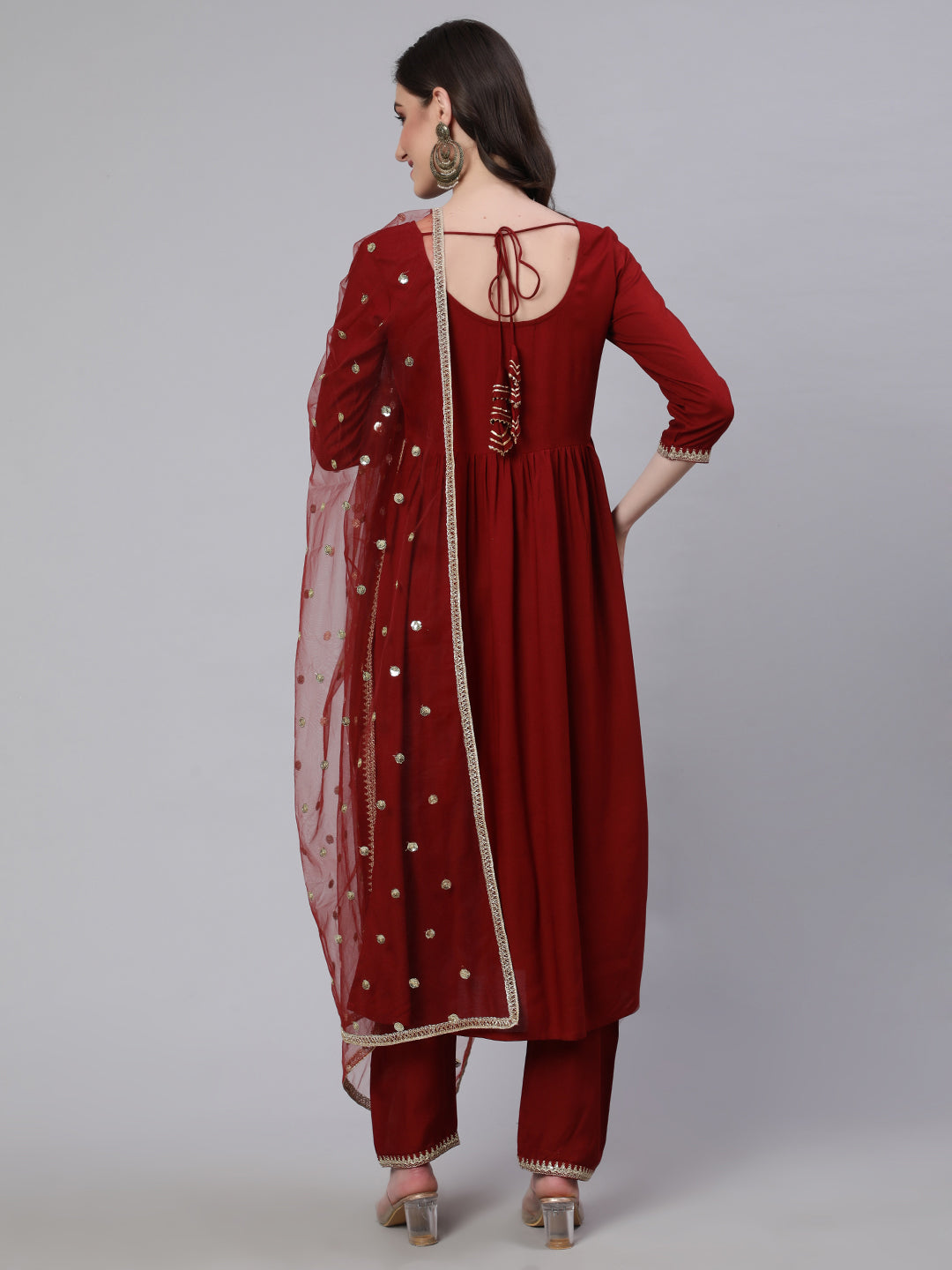 Maroon Embroidered Naira Cut Kurta With Trouser And Net Dupatta