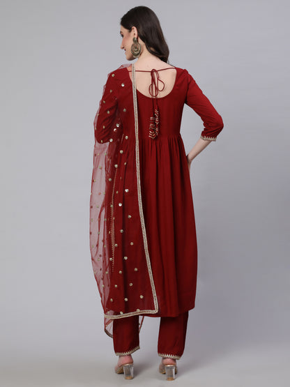 Maroon Embroidered Naira Cut Kurta With Trouser And Net Dupatta