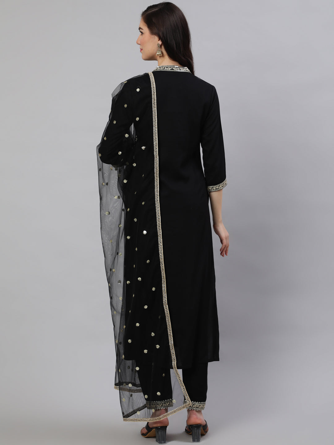 Black Embroidered Straight Kurta With Trouser And Net Dupatta