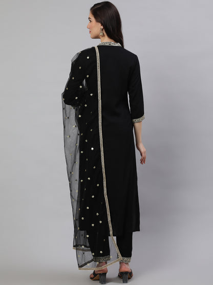 Black Embroidered Straight Kurta With Trouser And Net Dupatta