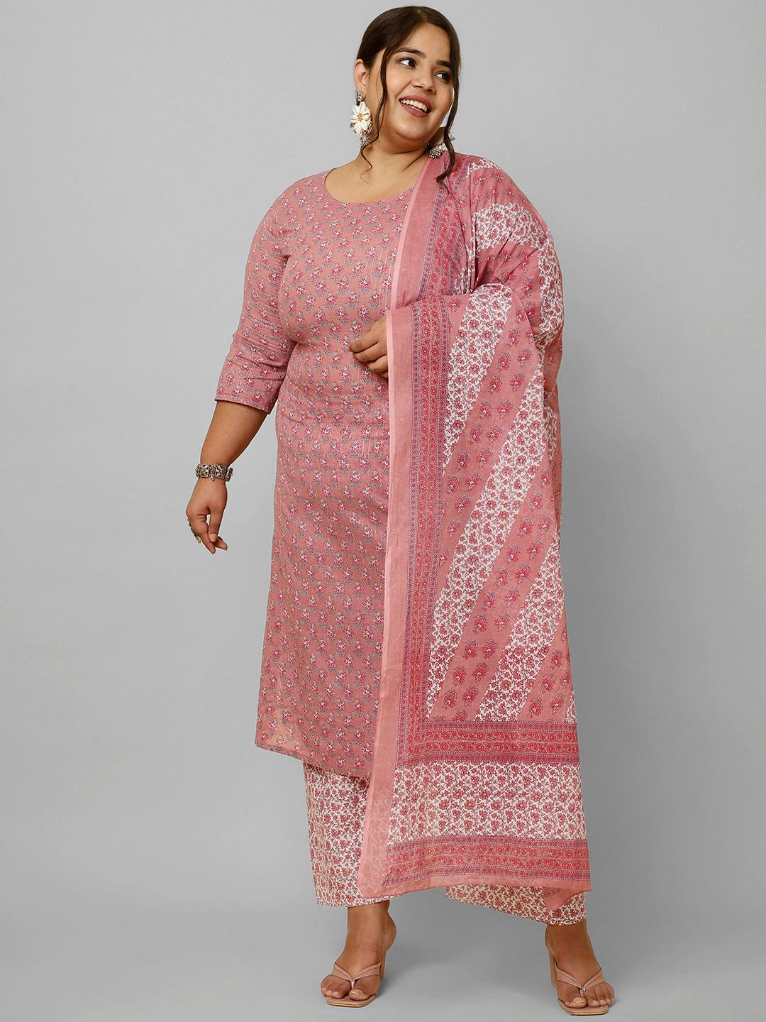 Plus Size Pink Printed Kurta And Palazzo With Dupatta
