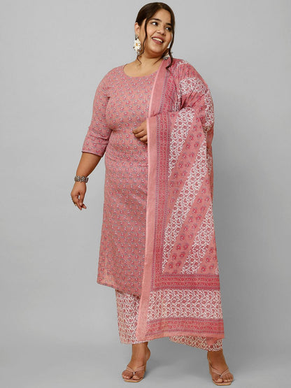 Plus Size Pink Printed Kurta And Palazzo With Dupatta