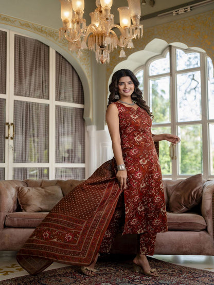 Rust Floral Printed Straight Kurta With Trouser And Dupatta