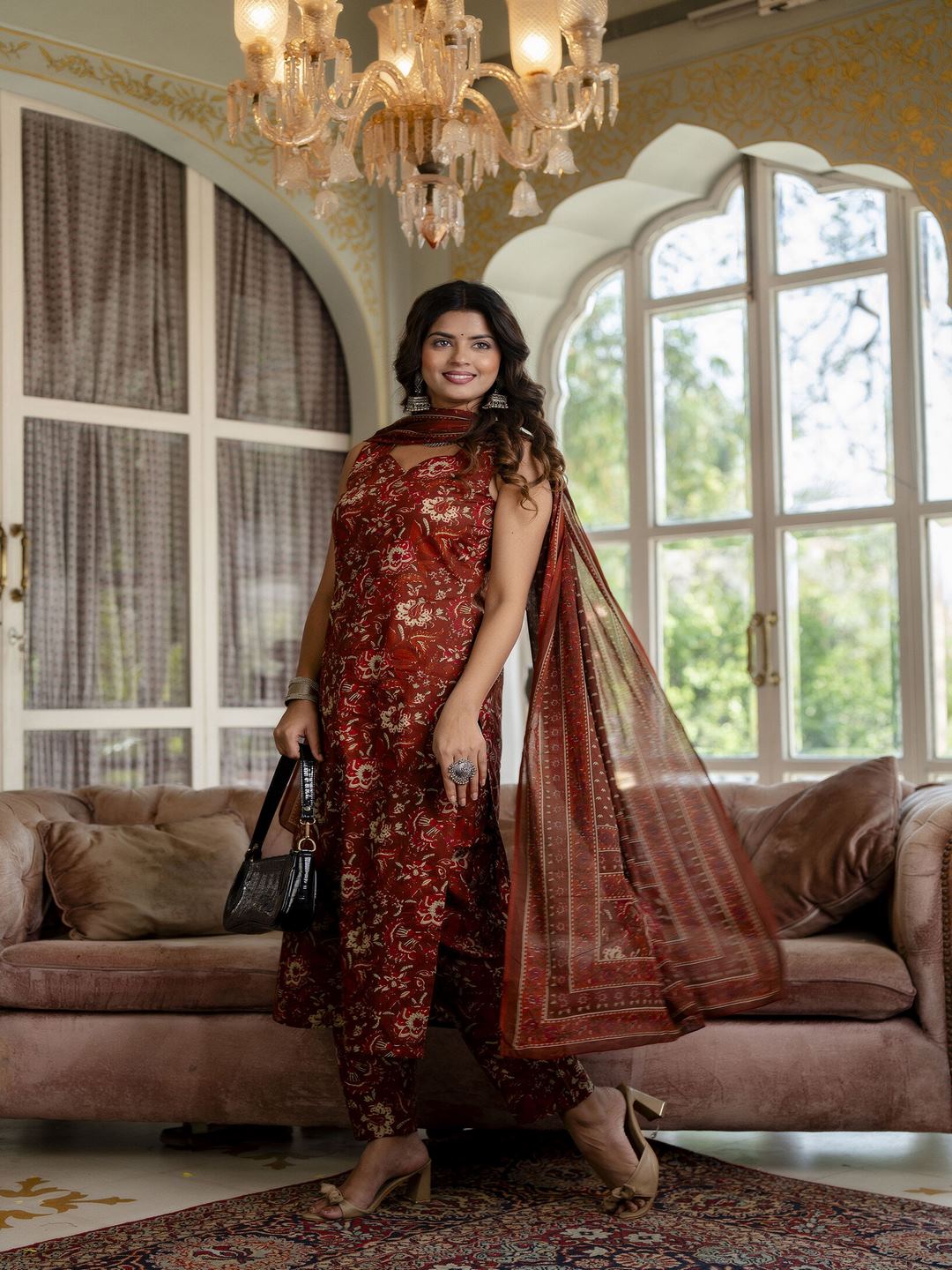 Rust Floral Printed Straight Kurta With Trouser And Dupatta