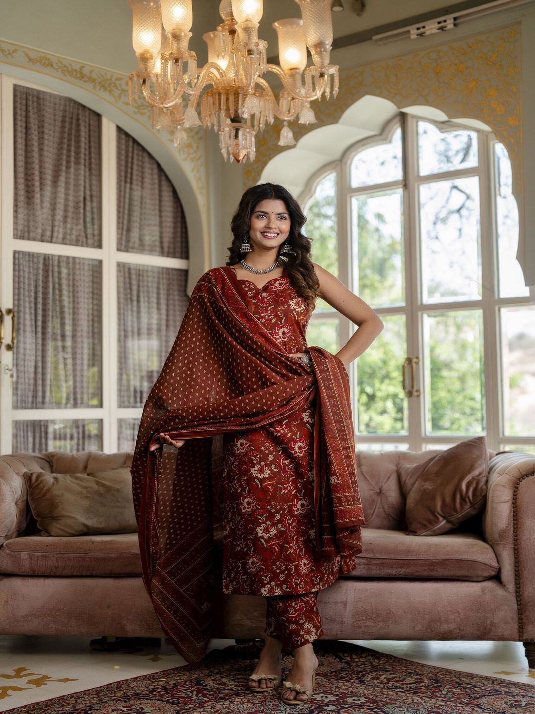 Rust Floral Printed Straight Kurta With Trouser And Dupatta