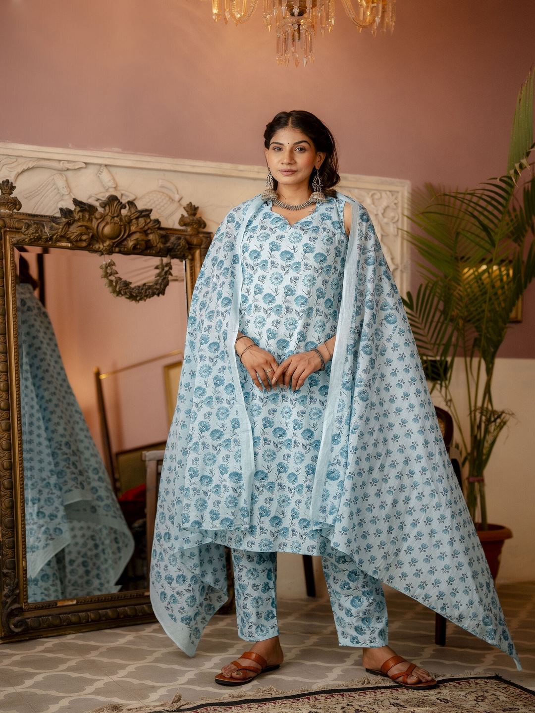 Aqua Blue Printed Straight Kurta With Trouser And Dupatta