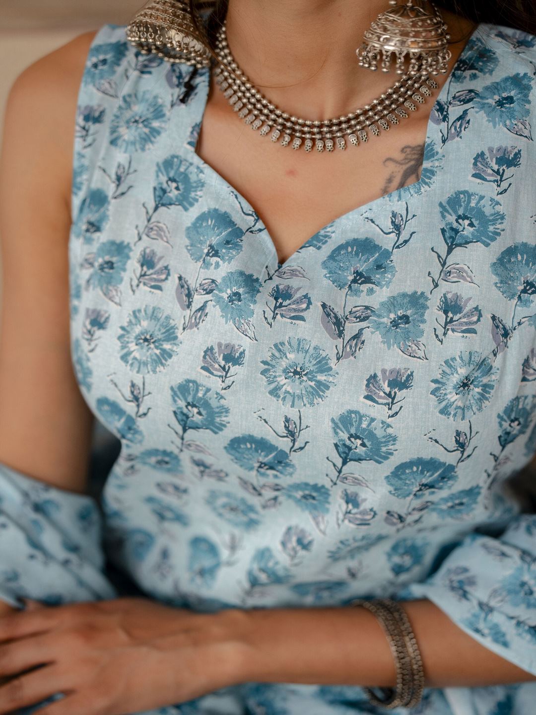 Aqua Blue Printed Straight Kurta With Trouser And Dupatta