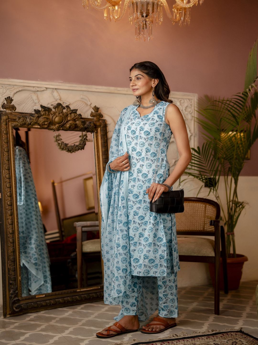 Aqua Blue Printed Straight Kurta With Trouser And Dupatta