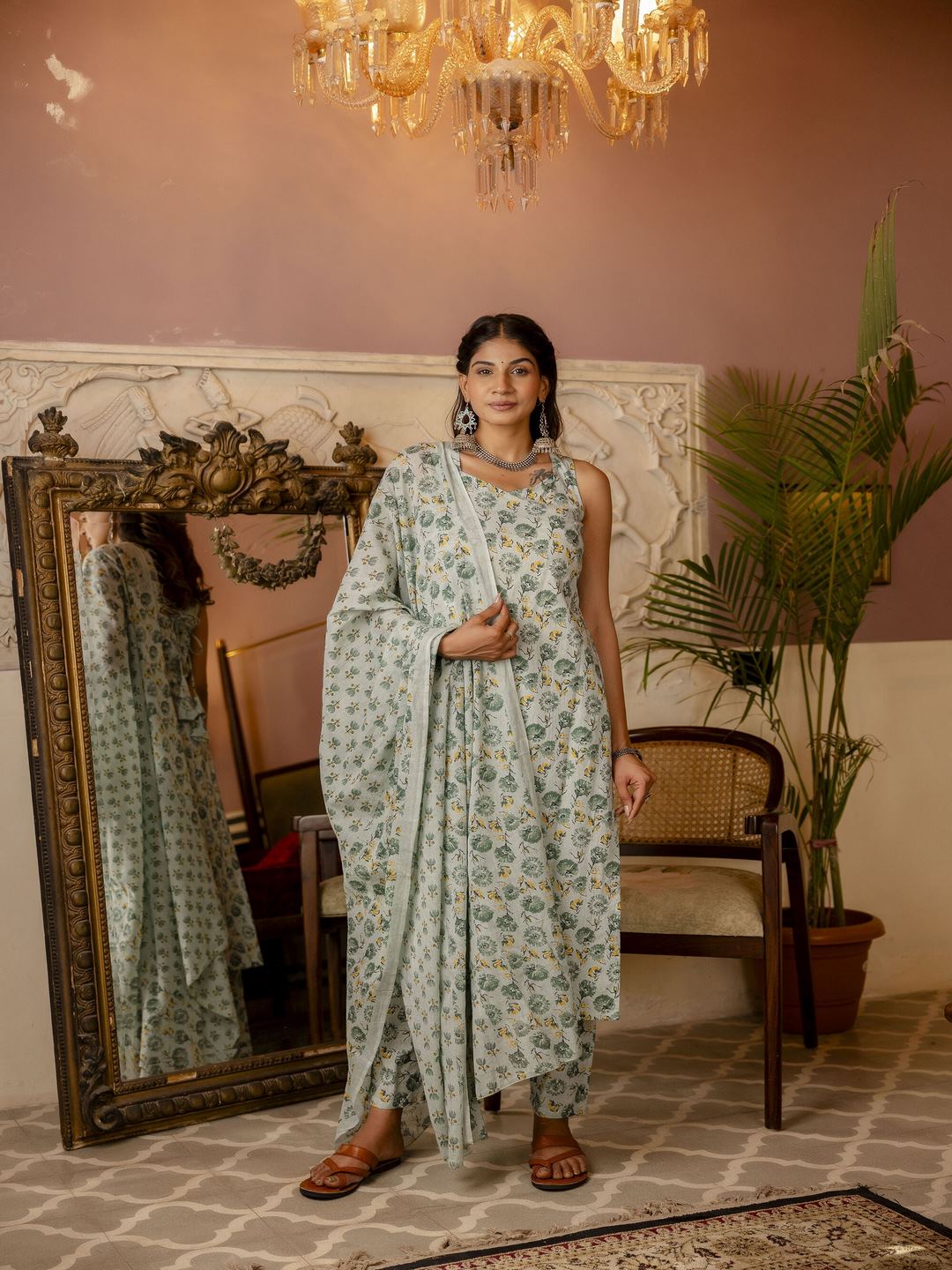 Green Printed Straight Kurta With Trouser And Dupatta