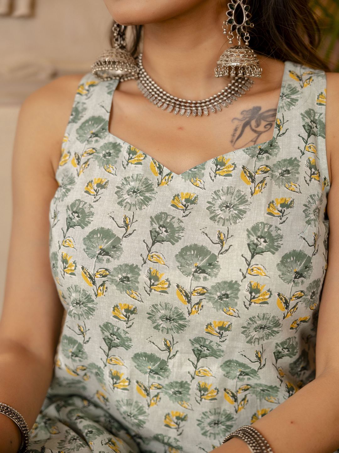 Green Printed Straight Kurta With Trouser And Dupatta