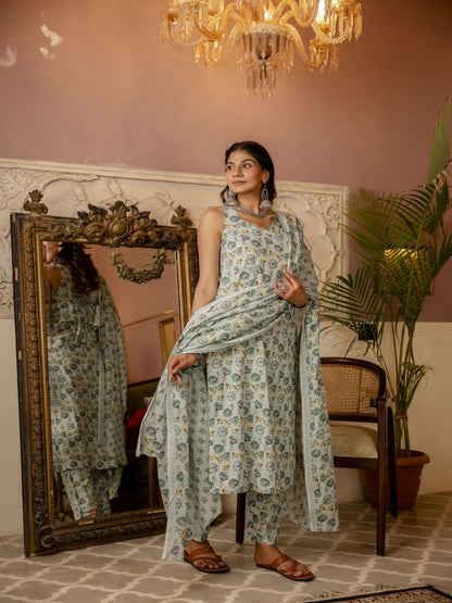 Green Printed Straight Kurta With Trouser And Dupatta
