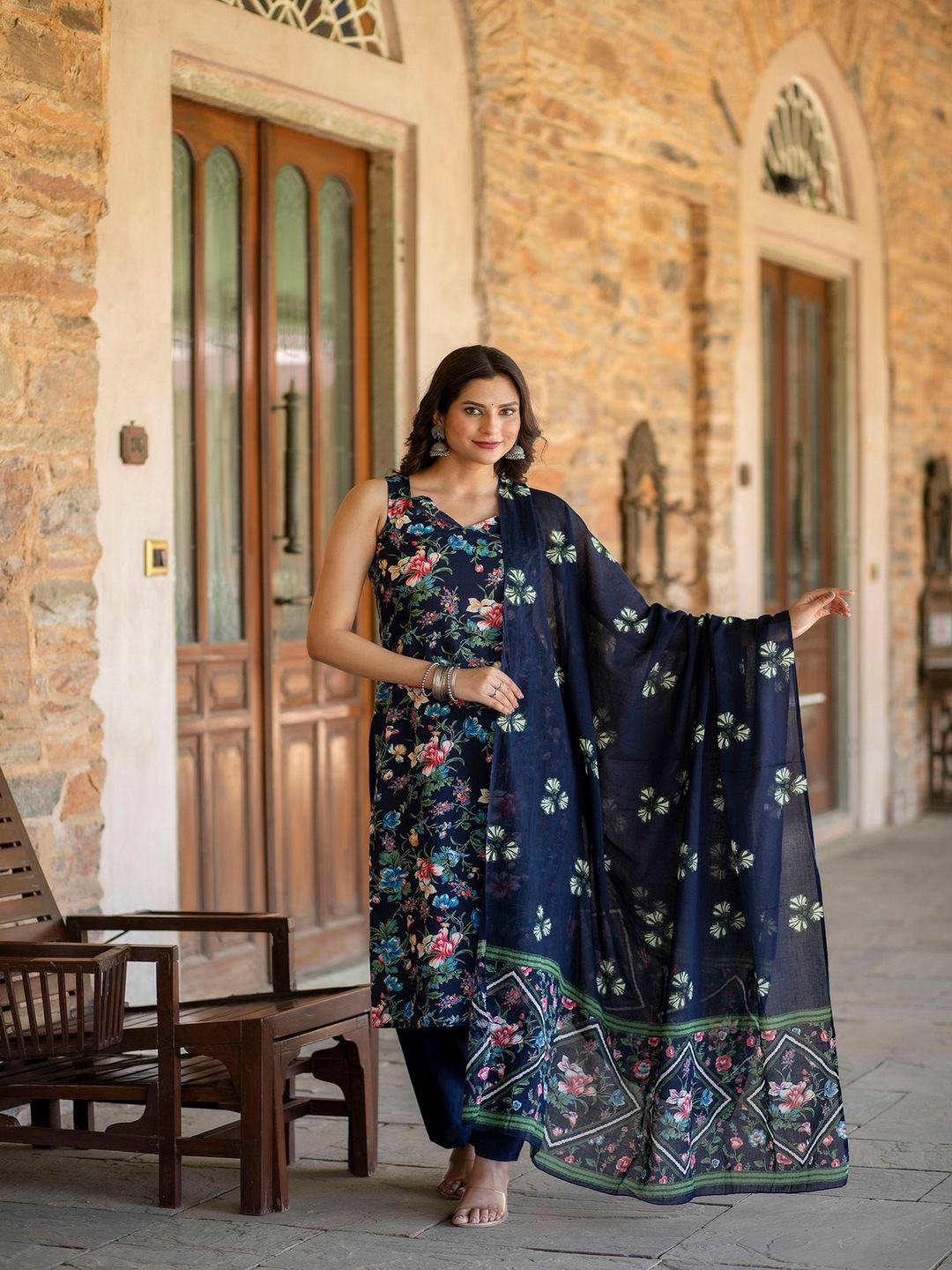Navy Blue Printed Straight Kurta With Trouser And Dupatta
