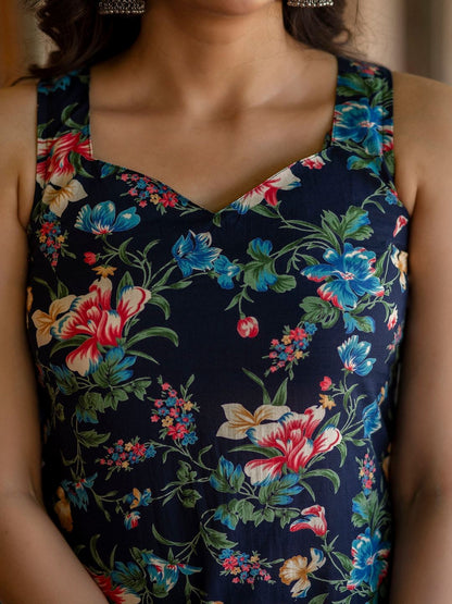 Navy Blue Printed Straight Kurta With Trouser And Dupatta