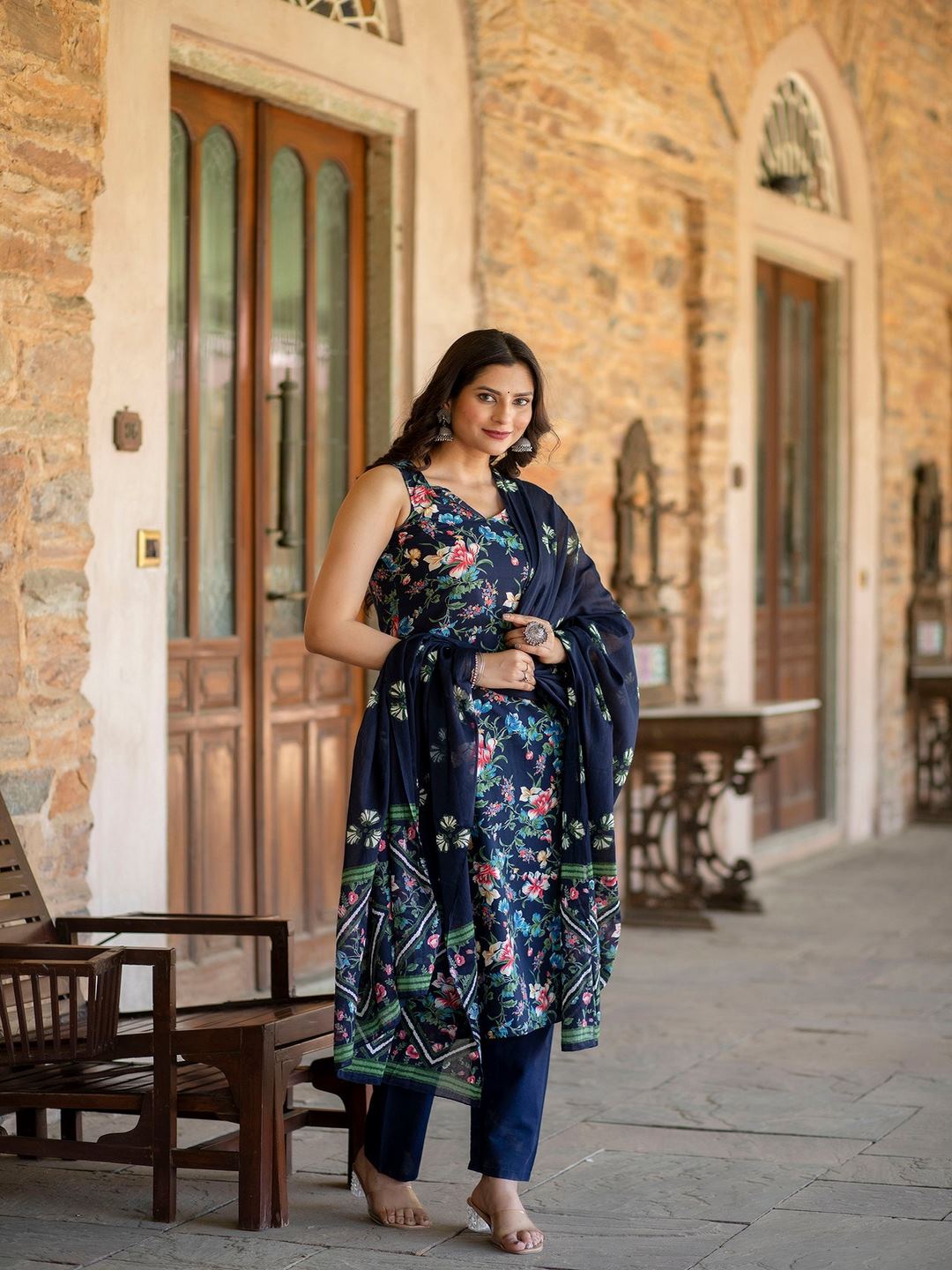 Navy Blue Printed Straight Kurta With Trouser And Dupatta