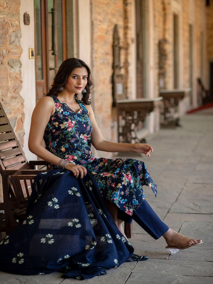 Navy Blue Printed Straight Kurta With Trouser And Dupatta
