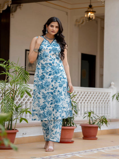 Sky Blue Printed Straight Kurta With Trouser