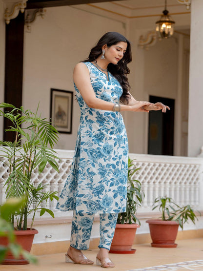 Sky Blue Printed Straight Kurta With Trouser