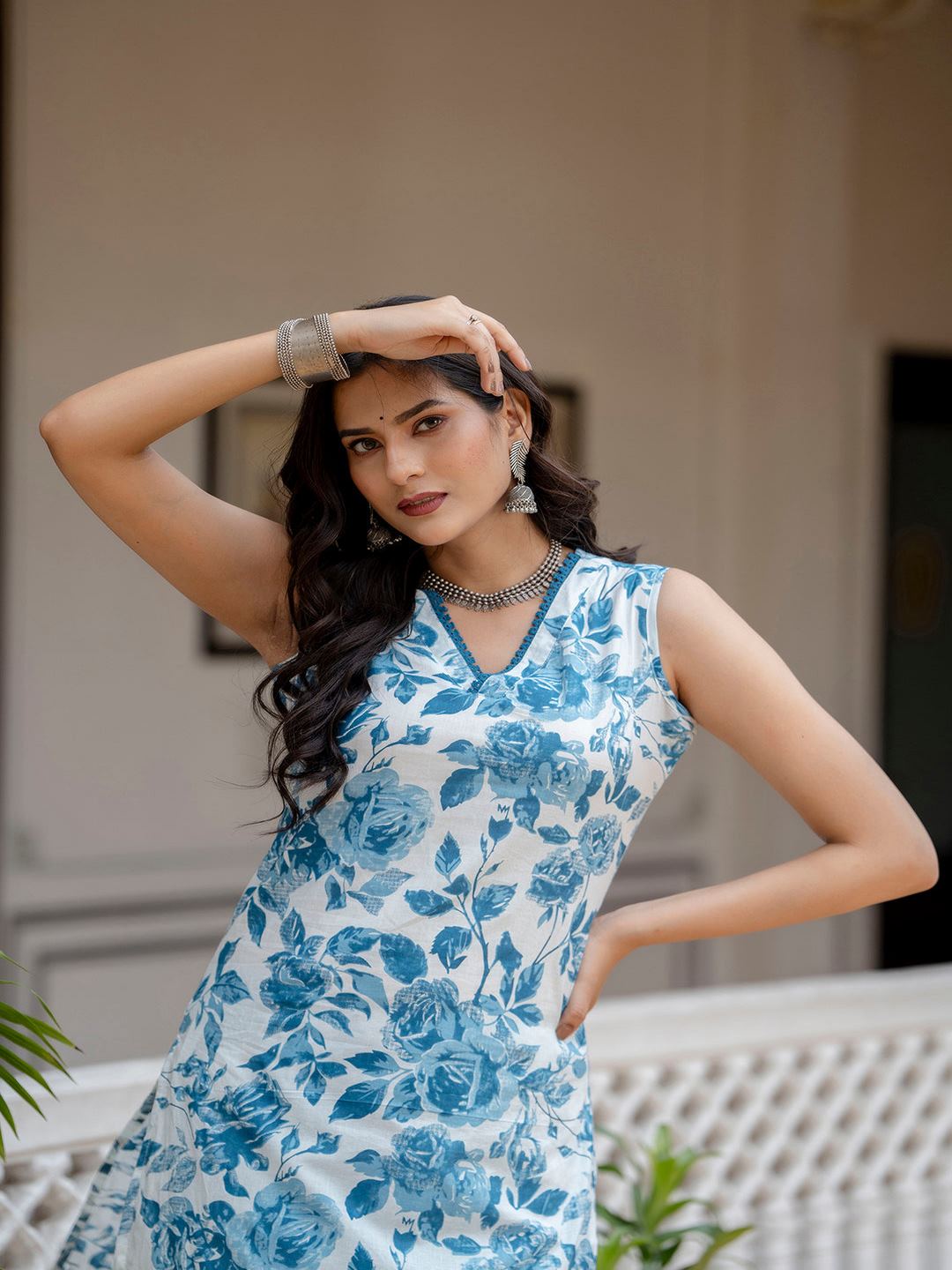 Sky Blue Printed Straight Kurta With Trouser