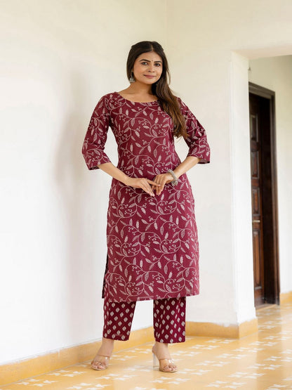 Burgundy Printed Straight Kurta With Trouser