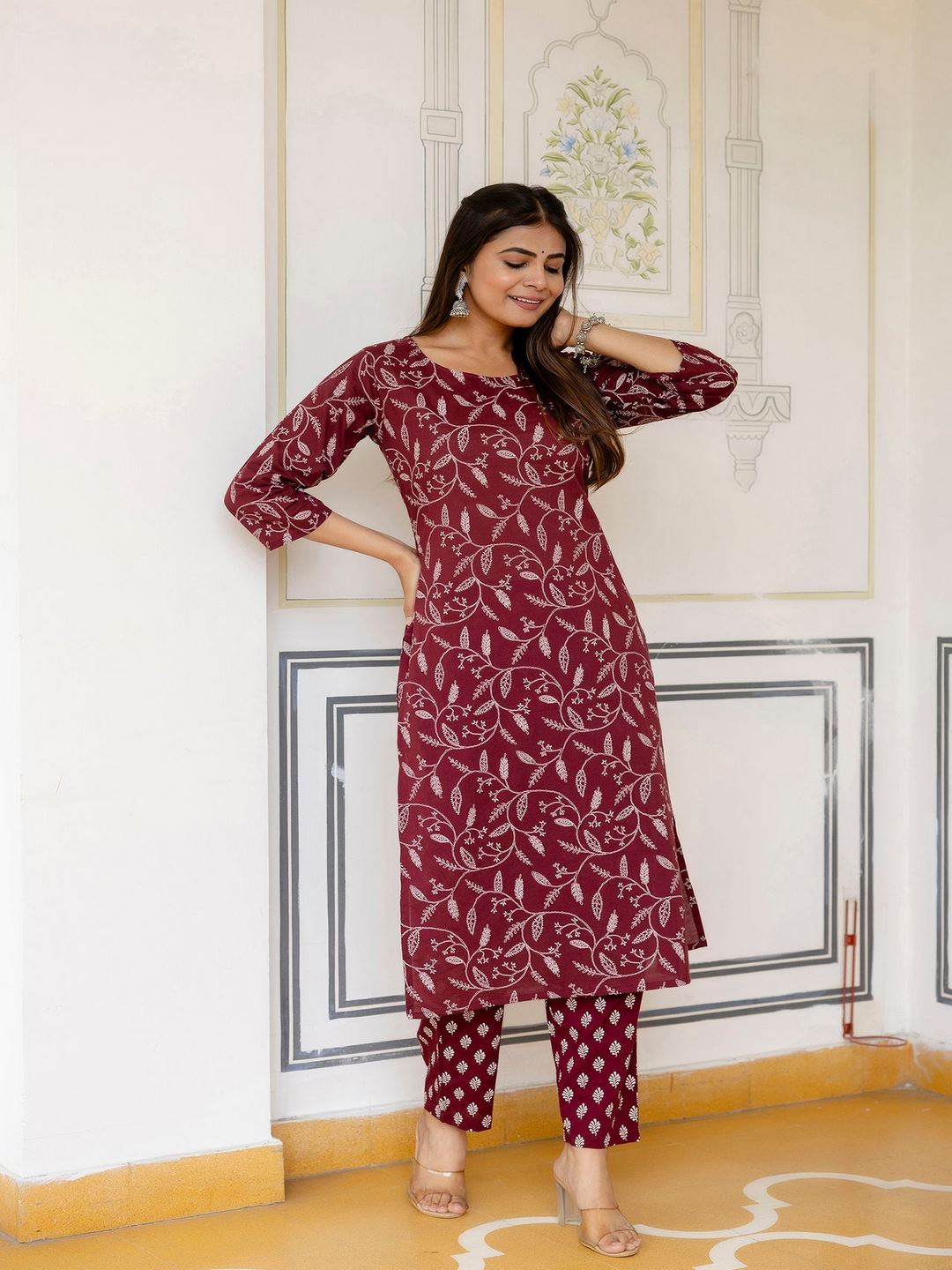 Burgundy Printed Straight Kurta With Trouser