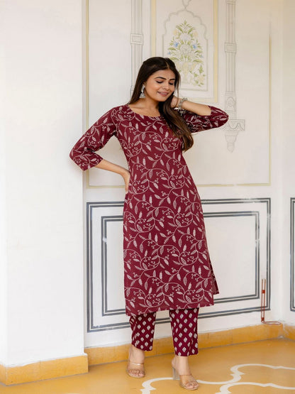 Burgundy Printed Straight Kurta With Trouser