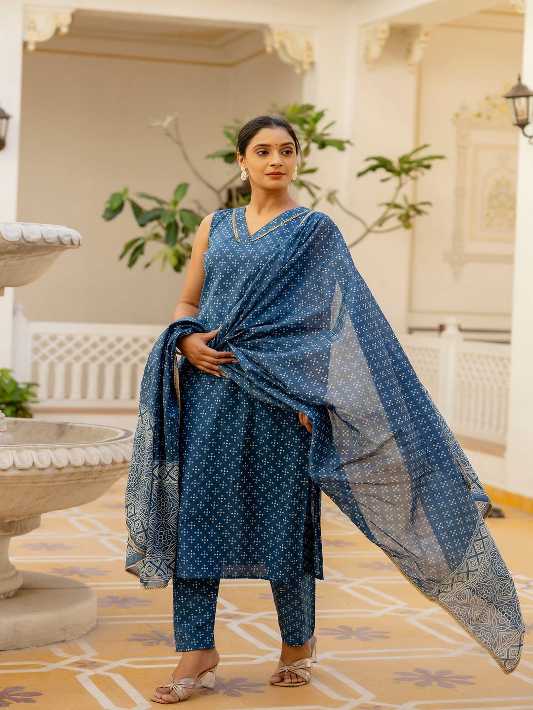 Blue Printed Straight Kurta With Trouser And Dupatta