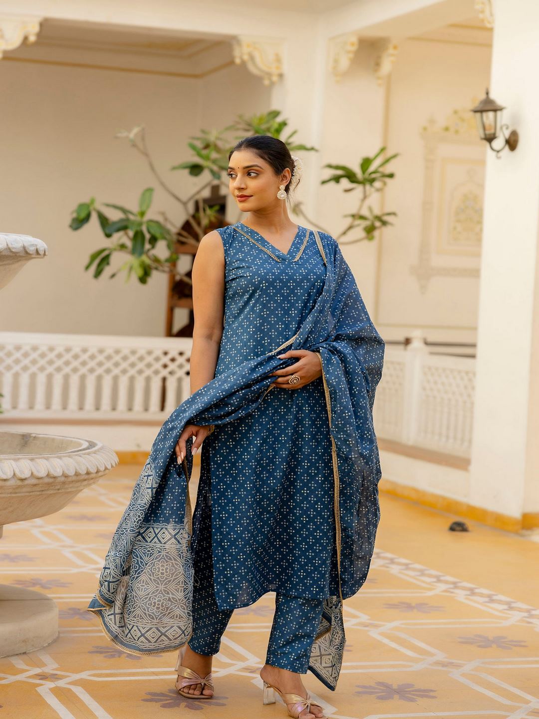 Blue Printed Straight Kurta With Trouser And Dupatta