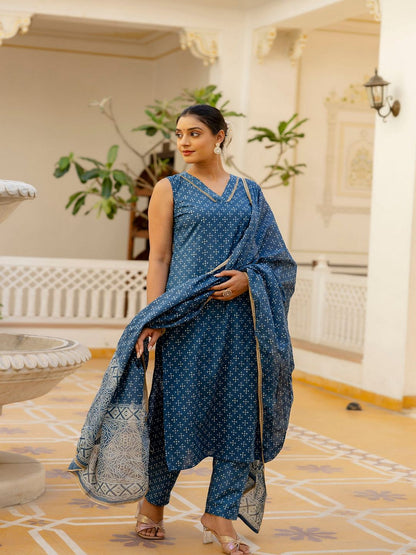 Blue Printed Straight Kurta With Trouser And Dupatta