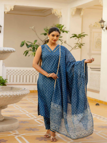 Blue Printed Straight Kurta With Trouser And Dupatta