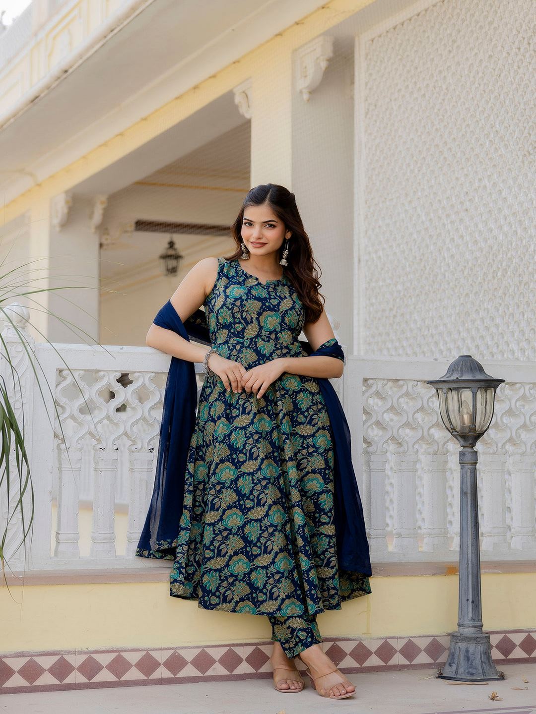 Blue Floral Printed Anarkali Kurta With Trouser And Dupatta