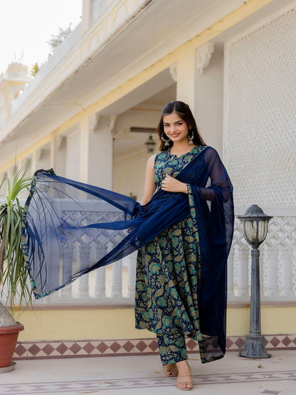 Blue Floral Printed Anarkali Kurta With Trouser And Dupatta