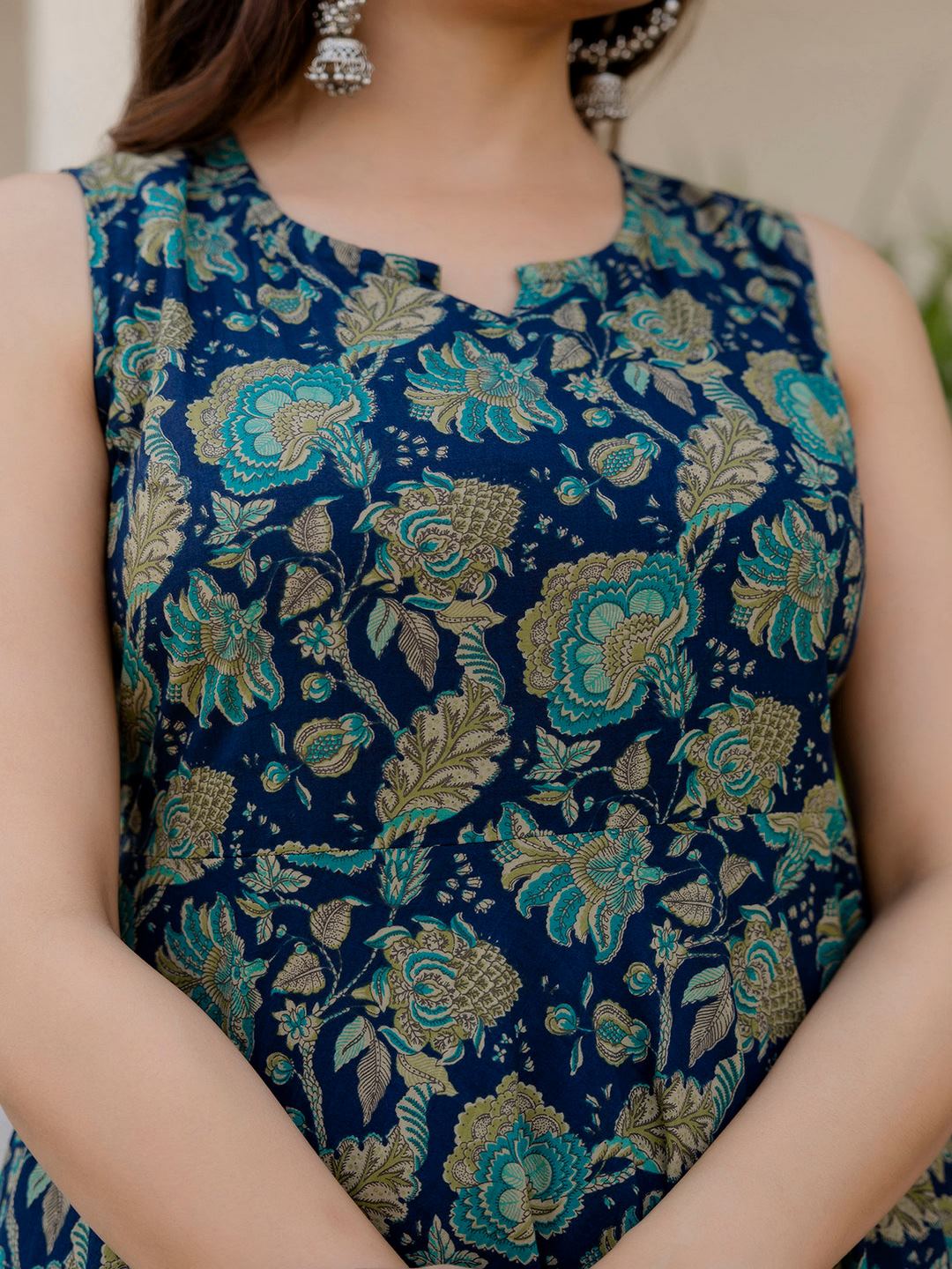 Blue Floral Printed Anarkali Kurta With Trouser And Dupatta