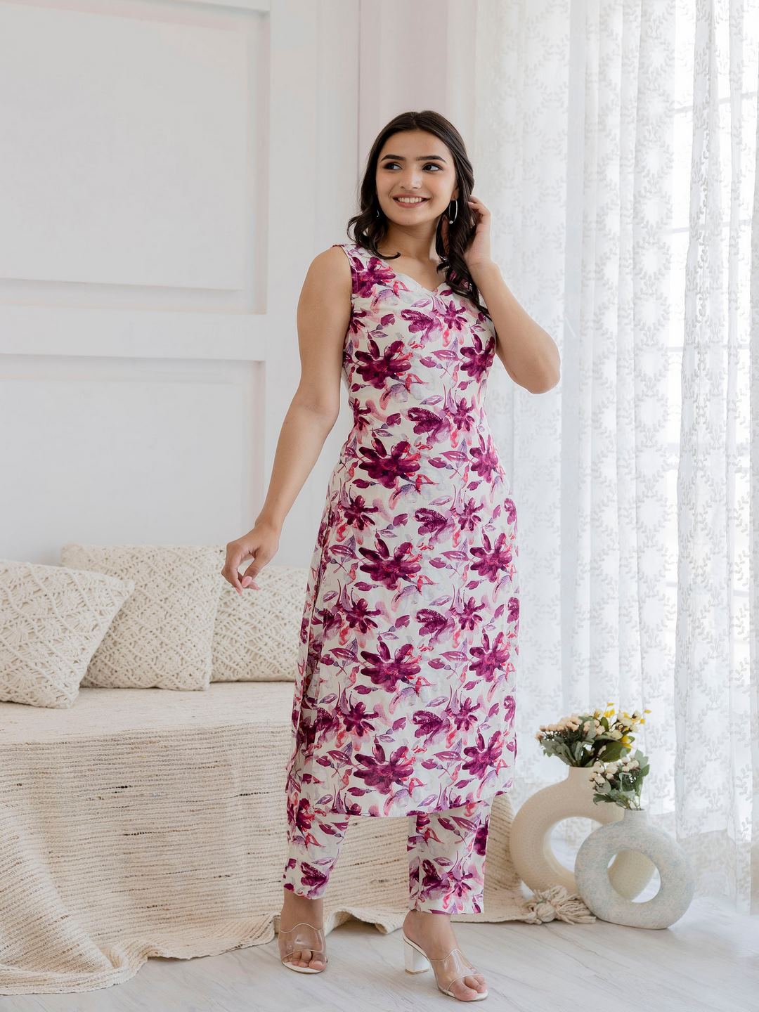 Off White Printed Straight Kurta With Trouser