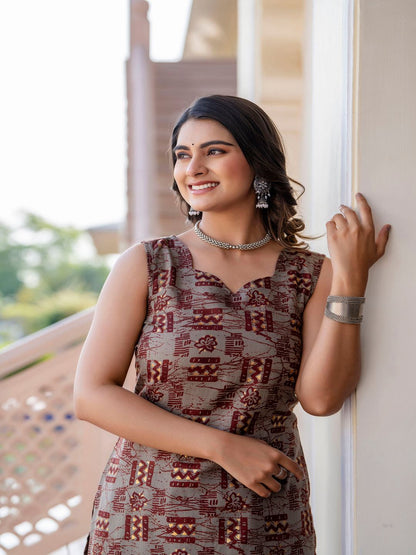 Grey Printed Straight Kurta With Trouser