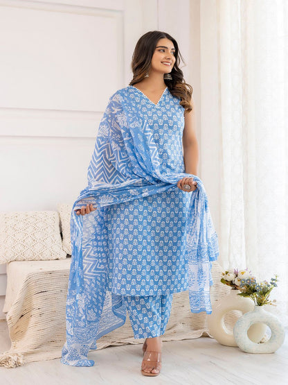 Aqua Blue Printed Straight Kurta With Trouser And Dupatta