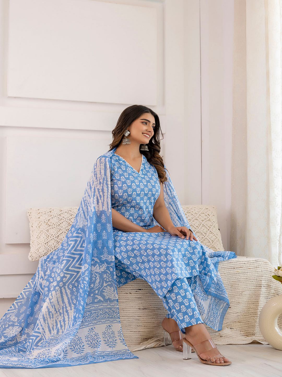 Aqua Blue Printed Straight Kurta With Trouser And Dupatta