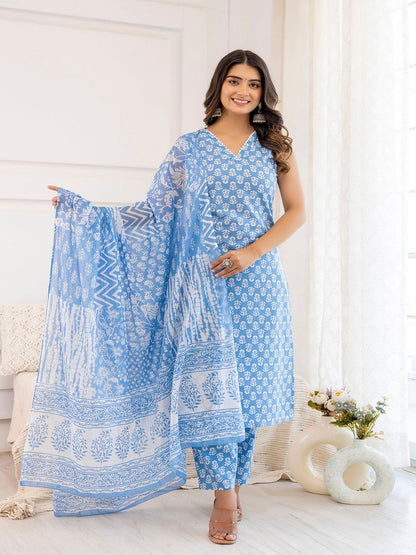 Aqua Blue Printed Straight Kurta With Trouser And Dupatta