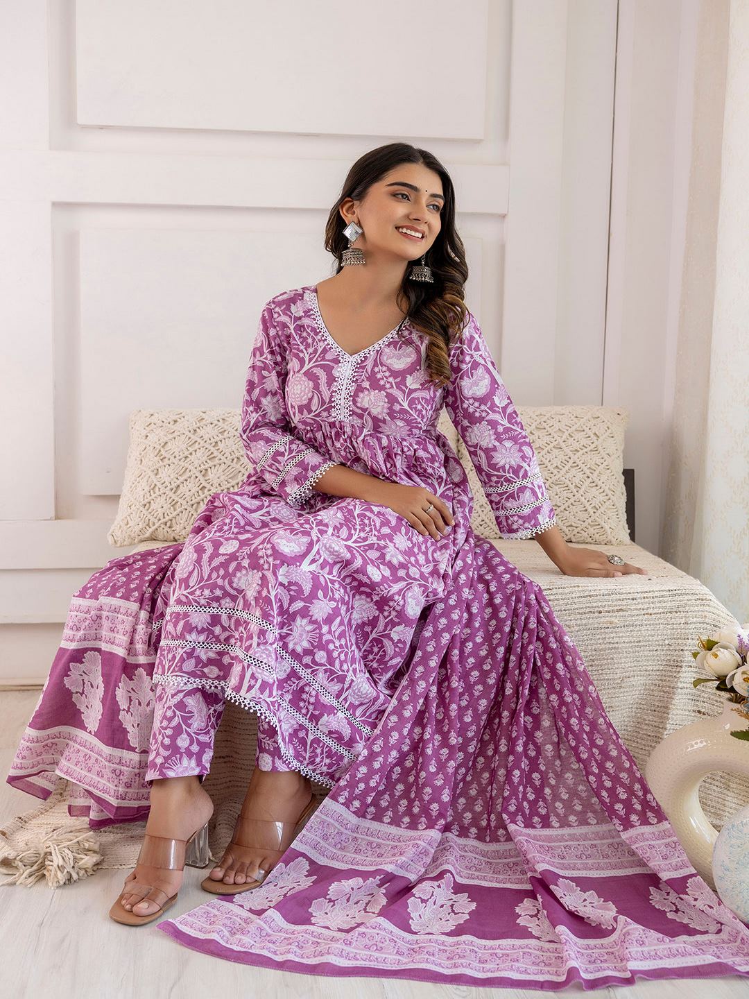 Mauve Floral Printed Anarkali Kurta And Trouser With Dupatta