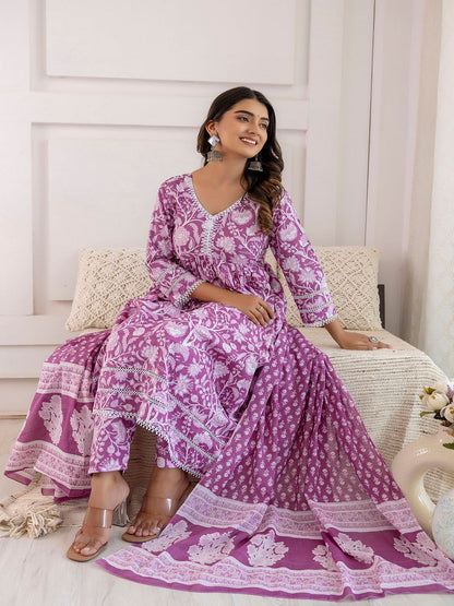 Mauve Floral Printed Anarkali Kurta And Trouser With Dupatta