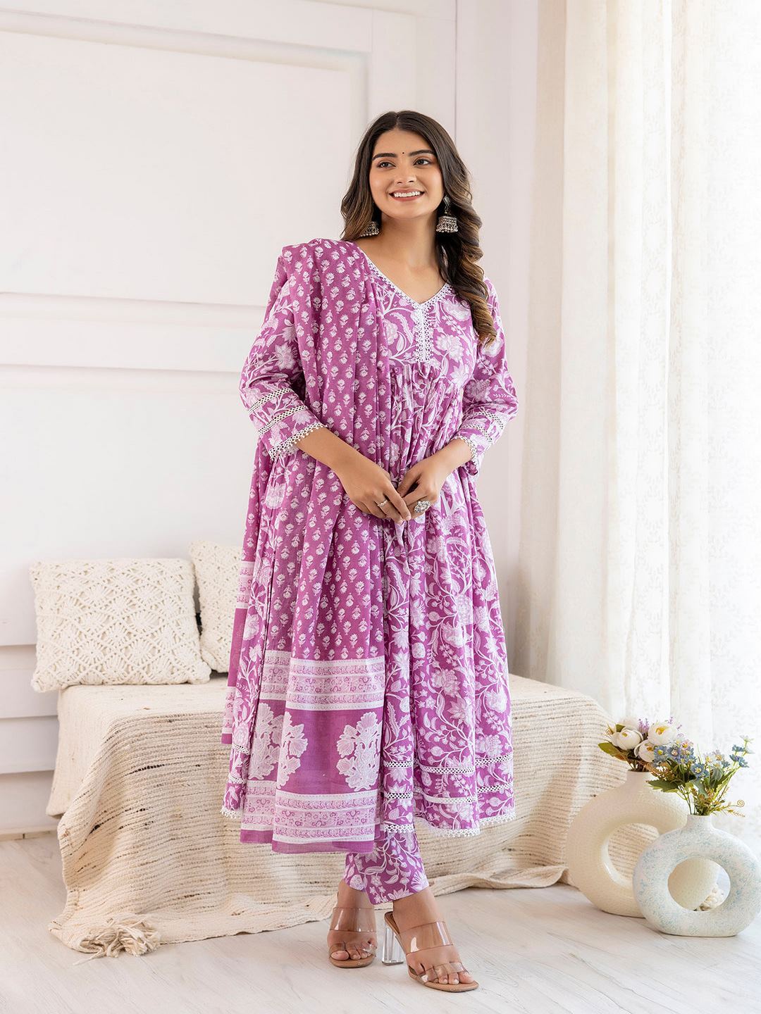 Mauve Floral Printed Anarkali Kurta And Trouser With Dupatta