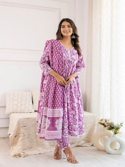 Mauve Floral Printed Anarkali Kurta And Trouser With Dupatta