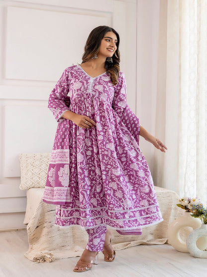 Mauve Floral Printed Anarkali Kurta And Trouser With Dupatta